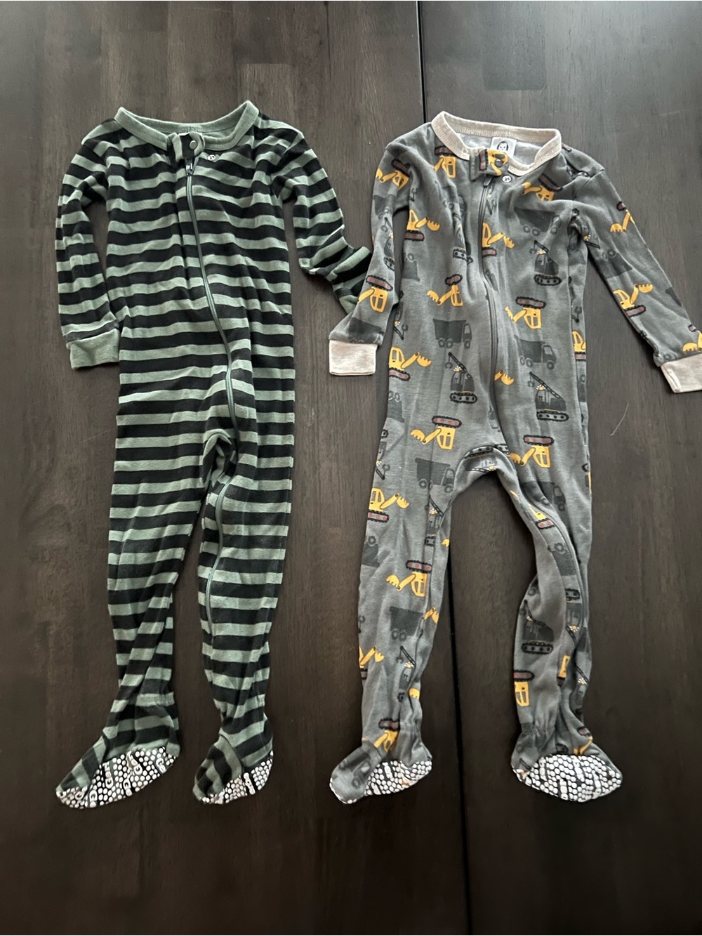 Kids Green & Gray Striped and Construction Print One-Piece Pajamas